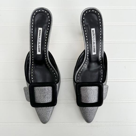 Manolo Blahnik Shoes - Manolo Blahnik Maysale Mule Silver Glitter Black Buckle Kitten Heel 50mm 37